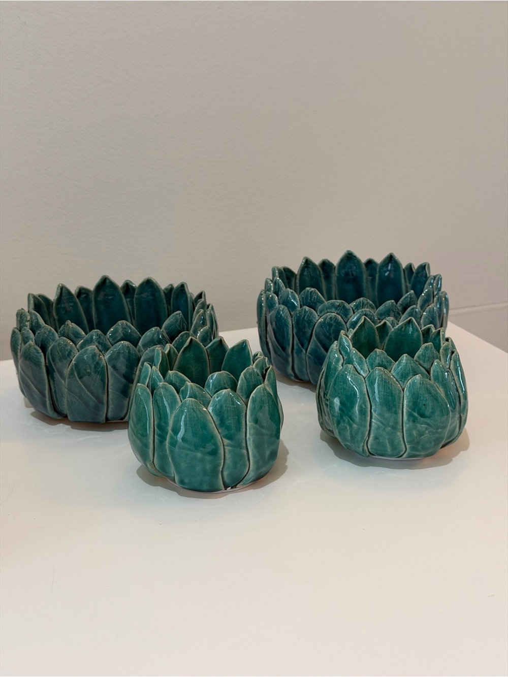 Arhaus Stoneware Dahlia ~ Lotus Petal Candle Holders in Teal - Set of 4